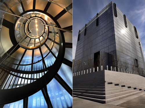 Scott Sommerdorf   |  The Salt Lake Tribune
In these two seperate photos, the interior spiral staircase, left, contrasts with the sterile, blockish exteriror of the new Salt Lake City federal courthouse, Wednesday, April 9, 2014.