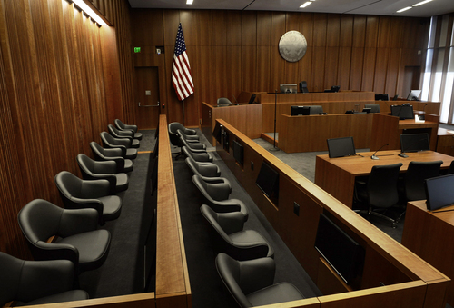 Scott Sommerdorf   |  The Salt Lake Tribune
Looking past the jury box, a view of one of the courtrooms inside the new federal courthouse, during a media tour of the new Salt Lake City federal courthouse, Wednesday, April 9, 2014.