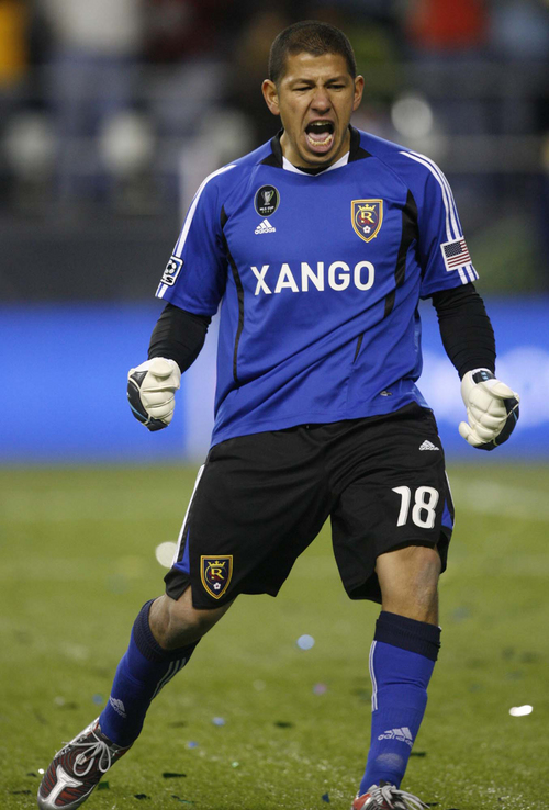 Trent Nelson  |  The Salt Lake Tribune
Real Salt Lake goalkeeper Nick Rimando (18) celebrates a miss by LA's Landon Donovan during the shoot out. Real Salt Lake vs. LA Galaxy, MLS Cup Sunday, November 22 2009 at Qwest Field in Seattle.