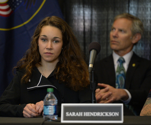 Steve Griffin  |  The Salt Lake Tribune

Olympian Sarah Hendrickson talks with the media during press conference in advance of the Governor's State of Sport Awards at EnergySolutions Arena in Salt Lake City, Utah Tuesday, April 22, 2014.