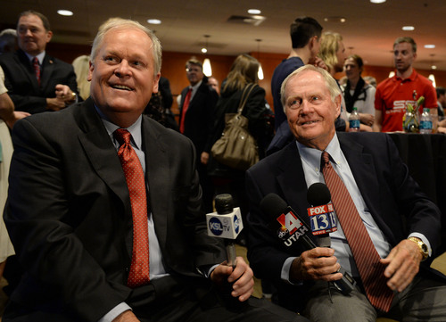 Steve Griffin  |  The Salt Lake Tribune


Golf legends Jack Nicklaus, right, and Johnny Miller talk with the media before the Utah State of Sport Awards at EnergySolutions Arena in Salt Lake City Wednesday, April 23, 2014.