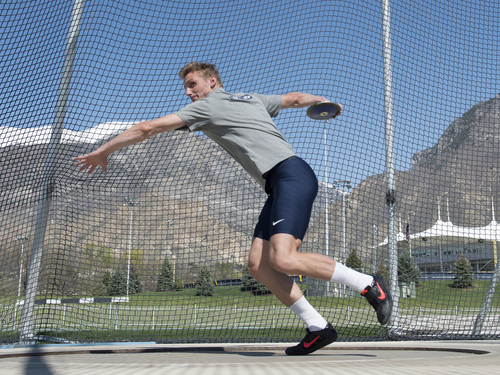 Rick Egan  |  The Salt Lake Tribune

BYU's Chase Dalton practices throwing the discus at Clarence Robinson Field in Provo, Monday, April 14, 2014.  Dalton has the best score in the Decathlon this season.