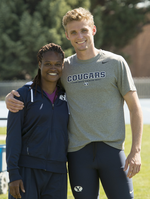 Rick Egan  |  The Salt Lake Tribune

BYU's asst. track coach Stephani Perkins  (left) and Chase Dalton (right) during practice at Clarence Robinson Field in Provo, Monday, April 14, 2014.  Dalton has the best score in the Decathlon this season. The senior says the addition of asst. track coach Stephani Perkins has been a big reason for his breakout year.