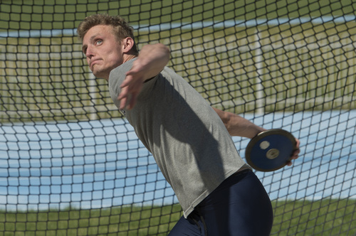 Rick Egan  |  The Salt Lake Tribune

BYU's Chase Dalton practices throwing the discus at Clarence Robinson Field in Provo, Monday, April 14, 2014.  Dalton has the best score in the Decathlon this season.