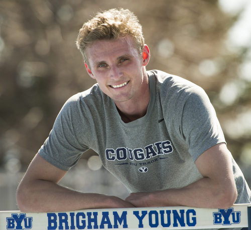 Rick Egan  |  The Salt Lake Tribune

BYU's Chase Dalton takes a break from  practice at Clarence Robinson Field in Provo, Monday, April 14, 2014.  Dalton has the best score in the Decathlon this season.