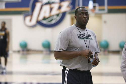 Francisco Kjolseth  |  The Salt Lake Tribune
The Utah Jazz coach Tyrone Corbin gets ready for round two of the playoffs against San Antonio as they practice at the Zions Bank Basketball Center on Tuesday, May 1, 2012. Much of their work hinders on their ability to defend Tony Parker of the Spurs.
