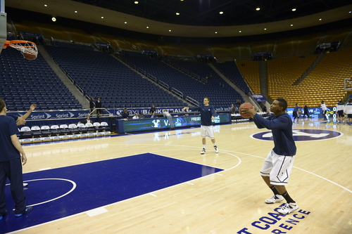 Rick Egan  | The Salt Lake Tribune 

Kyle Collinsworth and Anson Winder, warm up before the BYU vs. San Diego Toreros at the Marriott Center,  Saturday, January 4, 2014.