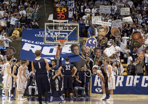 Rick Egan  | The Salt Lake Tribune 

BYU fans try to distract San Diego Toreros forward Brett Bailey (32) as he shoots a free throw, in basketball action, BYU vs. The San Diego Toreros at the Marriott Center,  Saturday, January 4, 2014.