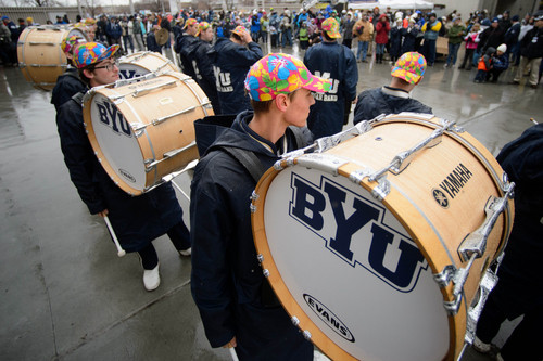 Trent Nelson  |  The Salt Lake Tribune
Members of the BYU marching band wear Hawaiian style caps in the rain as BYU hosts Idaho State, college football at LaVell Edwards Stadium in Provo, Saturday November 16, 2013.