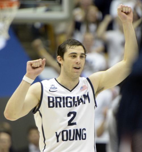 Rick Egan  | The Salt Lake Tribune 

Brigham Young Cougars guard Matt Carlino (2) celebrates after hitting a 3-pointer, in basketball action, BYU vs. St Mary's, at the Marriott Center, Saturday, February 1, 2014.