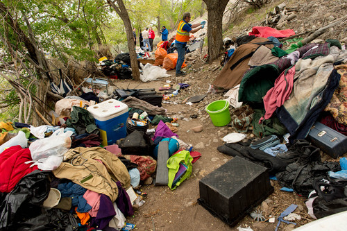 Trent Nelson  |  The Salt Lake Tribune
Salt Lake County Health Department and inmates doing community service spent the day cleaning out homeless encampments on the north side of Salt Lake City, Tuesday April 22, 2014.