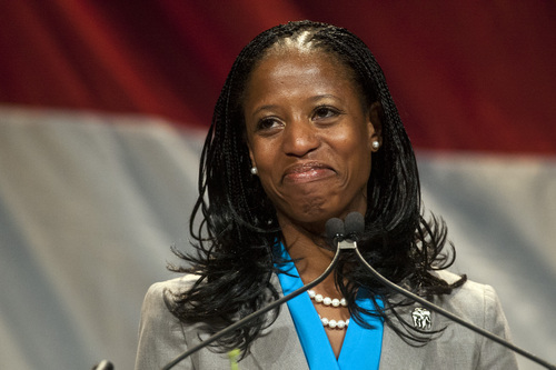 Chris Detrick  |  Tribune file photo
Mia Love will once again seek the Republican nomination for the 4th Congressional District. This time the GOP prospects appear much brighter without incumbent Democrat Jim Matheson in the race. In this file photo, Love is show speaking during the Utah Republican Party Organizing Convention at the South Towne Expo Saturday May 18, 2013.