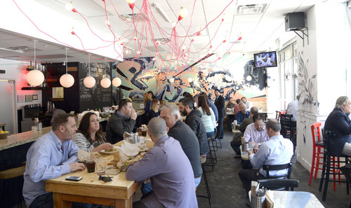 Al Hartmann  |  The Salt Lake Tribune
Spitz's, a restaurant that opened about 6 months ago in downtown Salt Lake City, specializes in doner kebabs.  On a typical weekday lunch the place is packed.