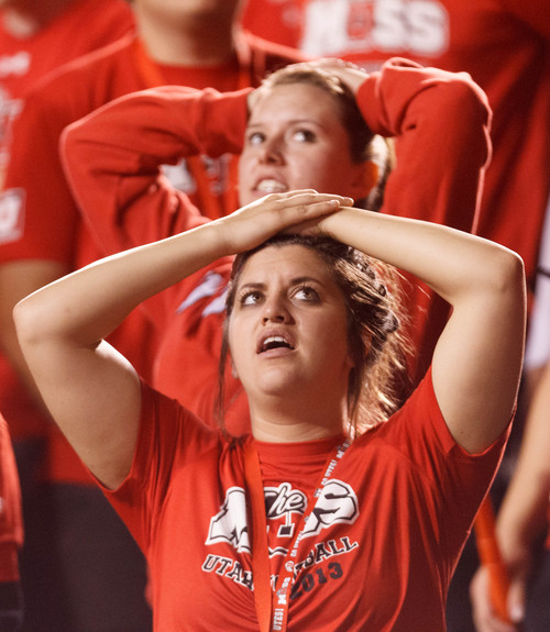 Trent Nelson  |  The Salt Lake Tribune
Utah fans react to a long Oregon pass that put the ball on the 7 yard line and led to a touchdown as the University of Utah hosts Oregon State, college football at Rice Eccles Stadium Saturday, September 14, 2013 in Salt Lake City.