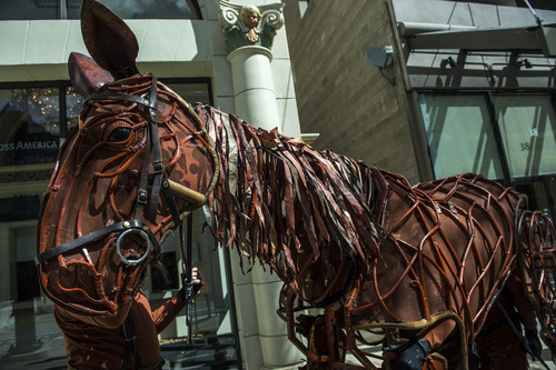 Chris Detrick  |  The Salt Lake Tribune
Joey, the horse puppet from the touring show of "War Horse," at the Capitol Theatre Wednesday April 23, 2014. Joey's puppeteers are James Duncan, head, Brian Burns, heart, and Aaron Haskeii, hind. The puppet weighs 120 pounds, with a frame of mostly cane that was soaked, bent and stained; it was made by a team of 14 people. An aluminum frame along the spine, lined partly with leather, allows the horse to be ridden.