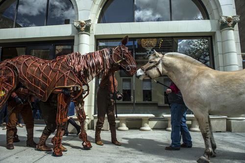 Chris Detrick  |  The Salt Lake Tribune
Joey, the horse puppet from the touring show of "War Horse," meets Rjuka, a six year-old Norweigian Fjord horse from Park City's National Ability Center at the Capitol Theatre Wednesday April 23, 2014. Joey's puppeteers are James Duncan, head, Brian Burns, heart, and Aaron Haskeii, hind. The puppet weighs 120 pounds, with a frame of mostly cane that was soaked, bent and stained; it was made by a team of 14 people. An aluminum frame along the spine, lined partly with leather, allows the horse to be ridden.