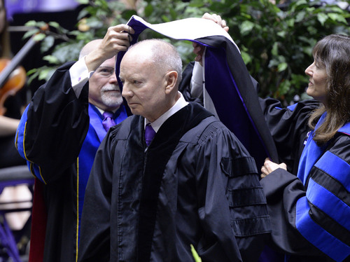 Al Hartmann  |  The Salt Lake Tribune
Van Summerill is awarded an honorary degree at Weber State University in the Dee Events Center for the 2014 commencement excercises Friday April 25.