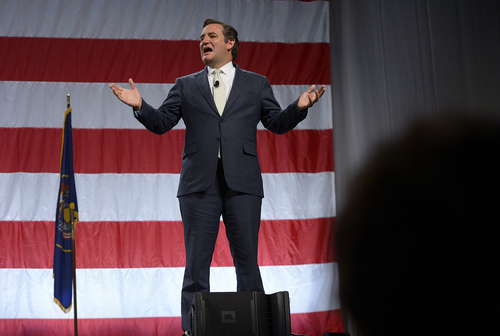 Scott Sommerdorf   |  The Salt Lake Tribune
Texas Senator Ted Cruz greets the audience at the Western Republican Leadership Conference as they held a rally at the South Towne Convention Center, Friday, April 25, 2014.