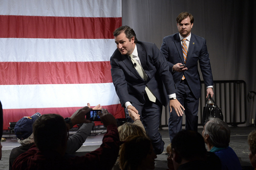 Scott Sommerdorf   |  The Salt Lake Tribune
Texas Senator Ted Cruz says goodbye to an adoring audience after he spoke at the Western Republican Leadership Conference as they held a rally at the South Towne Convention Center, Friday, April 25, 2014.