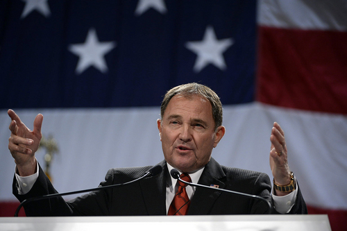 Scott Sommerdorf   |  The Salt Lake Tribune
Utah Governor Gary Herbert speaks to the Western Republican Leadership Conference as they held a rally at the South Towne Convention Center, Friday, April 25, 2014.