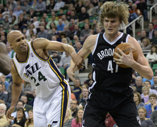 Rick Egan  | The Salt Lake Tribune 

Utah Jazz small forward Richard Jefferson (24) goes for a rebound along with Brooklyn Nets small forward Andrei Kirilenko (47), in NBA action, Utah Jazz vs. The Brooklyn Nets, at the EnergySolutions Arena, Wednesday, February 19, 2014.