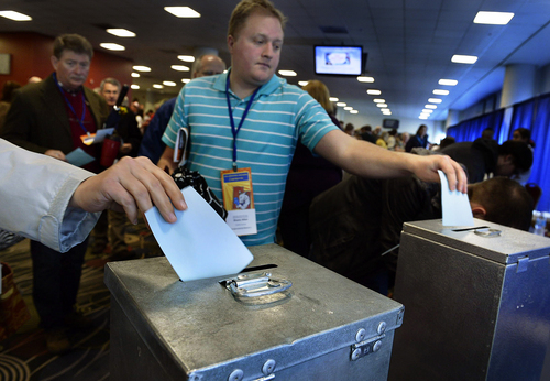 Scott Sommerdorf   |  The Salt Lake Tribune
Delegates vote in the runoff election for the 1st Congressional District candidates Donna McAleer and Peter Clemens at the Utah Democratic Convention, Saturday, April 26, 2014.