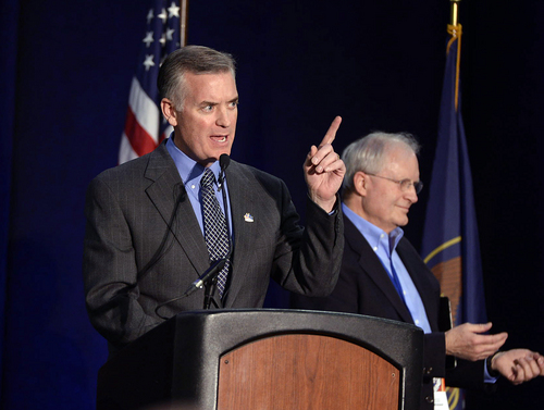 Scott Sommerdorf   |  The Salt Lake Tribune
Peter Corroon, former two-term Salt Lake County mayor, will lead the Utah Democratic Party. He defeated Richard Davis, a BYU political science professor, at the Utah Democratic Convention, Saturday, April 26, 2014.