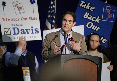 Scott Sommerdorf   |  The Salt Lake Tribune
Richard Davis, a Brigham Young University political scientist, lost to former Salt Lake County Mayor Peter Corroon in the race for Democratic Party chairman at the Utah Democratic Convention, Saturday, April 26, 2014.