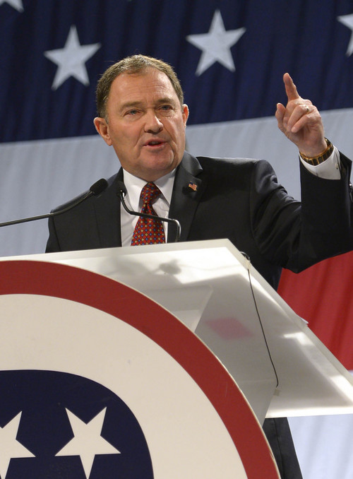 Leah Hogsten  |  The Salt Lake Tribune
Governor Gary Herbert at the Utah Republican Party 2014 Nominating Convention at the South Towne Expo Center, Saturday, April 26, 2014.