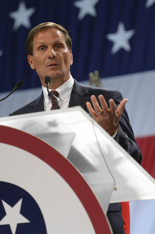 Leah Hogsten  |  The Salt Lake Tribune
2nd Congressional District incumbent Chris Stewart is the nominee with 67 percent of the votes at the Utah Republican Party 2014 Nominating Convention at the South Towne Expo Center, Saturday, April 26, 2014.
