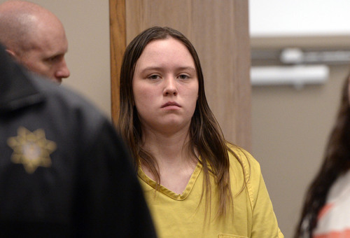 Al Hartmann  |  The Salt Lake Tribune 
Seventeen-year-old Meagan Grunwald, who has been charged as an adult in the shootings of two Utah deputies, makes her first appearance in Judge Darold McDade's in Provo, Utah, on Monday, February 24, 2014.