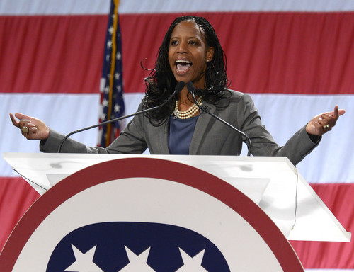 Leah Hogsten  |  The Salt Lake Tribune
Mia Love is the GOP nominee in the 4th Congressional District, winning 78 percent of the delegate votes at the Utah Republican Party 2014 Nominating Convention at the South Towne Expo Center, Saturday, April 26, 2014.