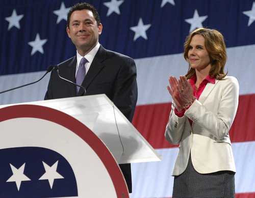 Leah Hogsten  |  The Salt Lake Tribune
Rep. Jason Chaffetz, R-Utah, with wife Julie, won the nomination with 87 percent of the delegate votes at the Utah Republican Party 2014 Nominating Convention at the South Towne Expo Center, Saturday, April 26, 2014.