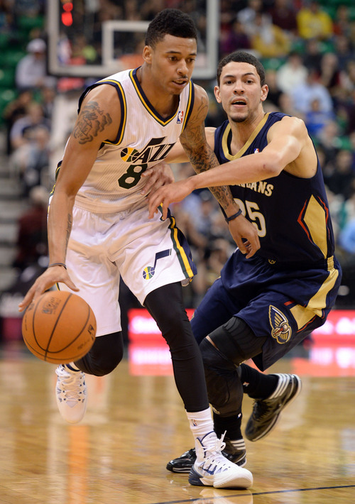 Steve Griffin  |  The Salt Lake Tribune


Utah Jazz point guard Diante Garrett #8 drives past New Orleans Pelicans shooting guard Austin Rivers #25 as he drives to the basket during first half action in the Jazz versus New Orleans Pelicans basketball game at EnergySolutions Arena in Salt Lake City, Utah Thursday, November 14, 2013.