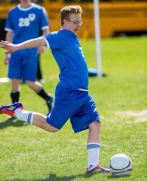 Trent Nelson  |  The Salt Lake Tribune
Bingham's Josh Rothey in action vs. Jordan High School in Sandy, Wednesday April 23, 2014. In Unified Soccer, high school athletes who have intellectual disabilities team with partners in 5-on-5 games.