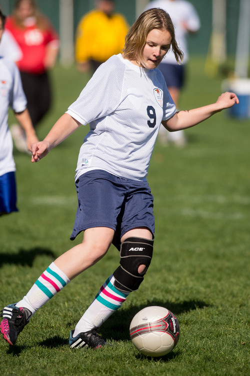 Trent Nelson  |  The Salt Lake Tribune
Brighton's Raven Vesley in action vs. Alta High School in Sandy, Wednesday April 23, 2014. In Unified Soccer, high school athletes who have intellectual disabilities team with partners in 5-on-5 games.