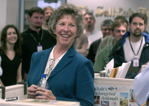 Leah Hogsten  |  The Salt Lake Tribune
Former Salt Lake Tribune Editor Nancy Conway, here meeting with Tribune staff soon after becoming editor in 2003, is warning that a new operating agreement with the Deseret News could doom The Tribune.