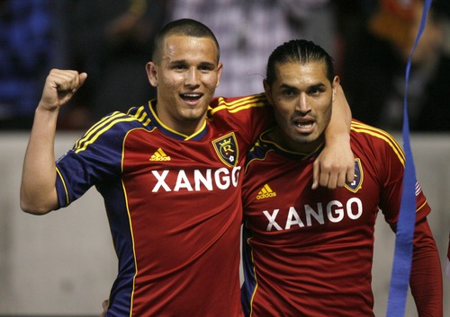 Rick Egan  | The Salt Lake Tribune 
Real Salt Lake's Luis Gil (21) celebrates with Real Salt Lake's Fabian Espindola (7) after Espindola scored in the second period, putting Real Salt Lake up 2-0, in RSL action, Real Salt Lake vs. Colorado Rapids at Rio Tinto Stadium on April 7, 2012.  Gil  has been one of the nation's most highly regarded young players throughout his teenage years. RSL expects Gil to have an impact this season.