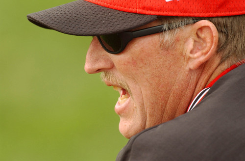 Jim Nelson, Head baseball coach for Spanish Fork yells out words of encouragement during a game against Springville in 2003.  Photo by Francisco Kjolseth/The Salt Lake Tribune.