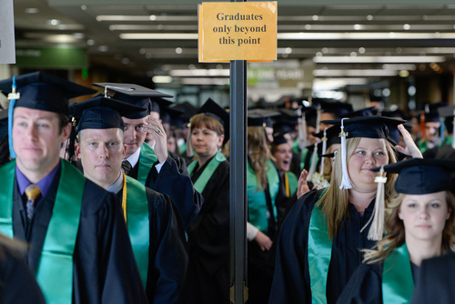 Franciso Kjolseth  |  The Salt Lake Tribune
The 2014 class at Utah Valley University lines up for commencement ceremonies at the UCCU Center on Thursday, May 1, 2014.