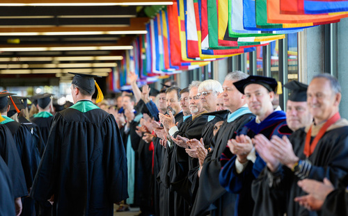 Franciso Kjolseth  |  The Salt Lake Tribune
The 2014 class at Utah Valley University is cheered by faculty and alumni as they make their way to commencement ceremonies at the UCCU Center on Thursday, May 1.
