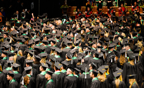 Franciso Kjolseth  |  The Salt Lake Tribune
The large class of 2014 at Utah Valley University fills the floor for commencement ceremonies at the UCCU Center on Thursday, May 1, in Orem.