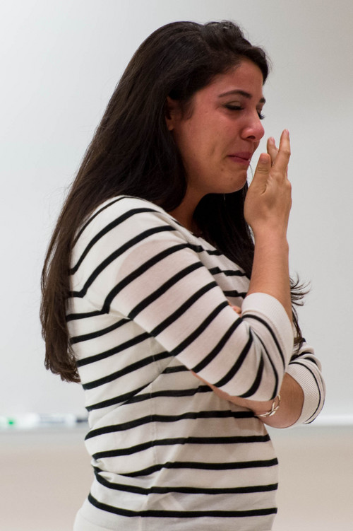 Trent Nelson  |  The Salt Lake Tribune
Anfissa Silva gets emotional, speaking at a ceremony for graduates of the David Eccles School of Business through the Opportunity Scholars program at the University of Utah in Salt Lake City, Friday April 18, 2014. The program mentors students who are the first in their families to go to college.