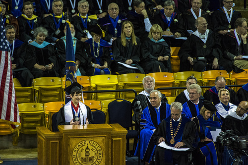 Chris Detrick  |  The Salt Lake Tribune
Valedictorian Briana Bowen, College of Humanities and Social Sciences, speaks to Utah State University students during the undergraduate Commencement Ceremony at Dee Glen Smith Spectrum Saturday May 3, 2014.
