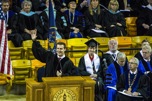 Chris Detrick  |  The Salt Lake Tribune
Hugh Evans, CEO of Global Poverty Project, speaks to Utah State University students during the undergraduate Commencement Ceremony at Dee Glen Smith Spectrum Saturday May 3, 2014.