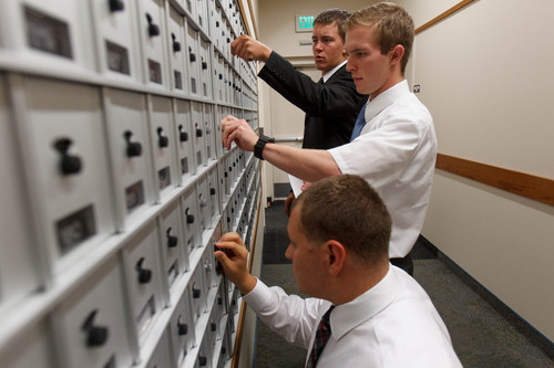 Trent Nelson  |  The Salt Lake Tribune
Missionaries check for mail at the Missionary Training Center of the Church of Jesus Christ of Latter-day Saints in Provo Tuesday June 18, 2013. Front to rear, Steven Johnson, Jonathan Wagstaff and Quincy Cox.