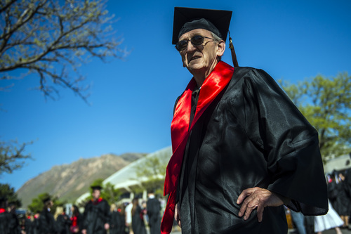 Chris Detrick  |  The Salt Lake Tribune
James Sterling, 69, who is graduating with a degree in English, walks into the Huntsman Center before the University of Utah's 2014 Commencement Ceremonies Thursday May 1, 2014.