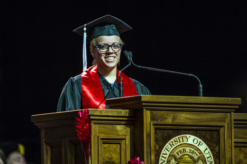 Chris Detrick  |  The Salt Lake Tribune
Student speaker Janine Henry speaks during the University of Utah's 2014 Commencement Ceremonies at the Huntsman Center Thursday May 1, 2014.