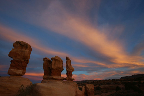 Francisco Kjolseth  |  The Salt Lake Tribune
The sky transforms as the sun dips below the horizon surrounding the hoodoos of Devil's Garden in Grand Staircase-Escalante National Monument with color recently.