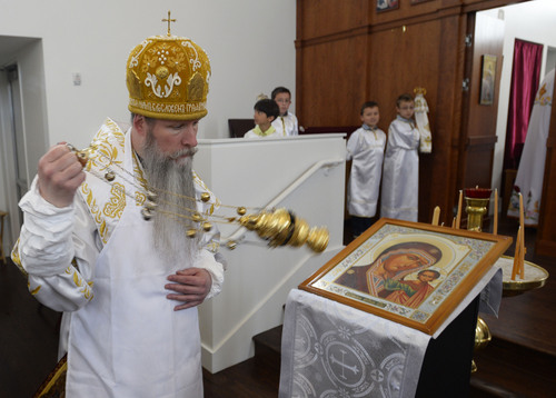 Steve Griffin  |  The Salt Lake Tribune

Archbishop Kyrill of San Francisco during consecration service at the new St. George Russian Orthodox Church in West Jordan Sunday, May 4, 2014. The parish has existed since 2005, but this is the group's first church building. St. George Russian Orthodox Church priest Michael van Opstall was joined by Archbishop Kyrill and other dignitaries during the event.